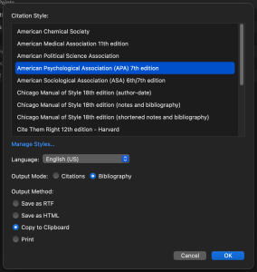 Screenshot of Zotero copying a citation to the clipboard, using APA 7 formatting.