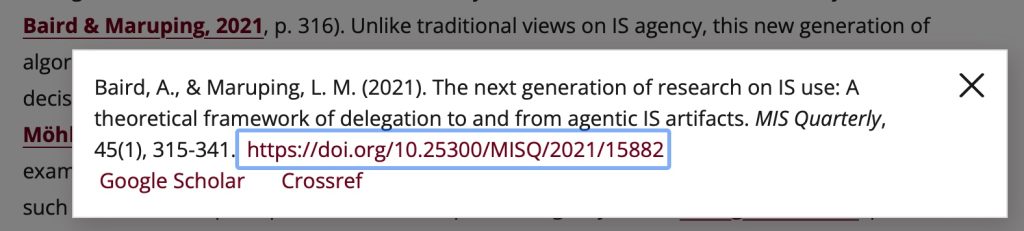 MIS Quarterly doing a pop-up reference, in this case: Baird & Maruping 2021.