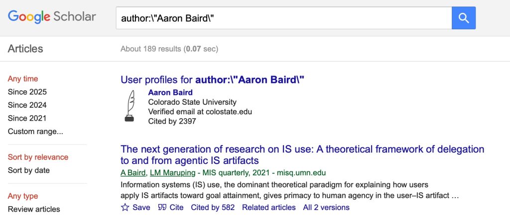 Screenshot of using Google Scholar to find Aaron Baird.