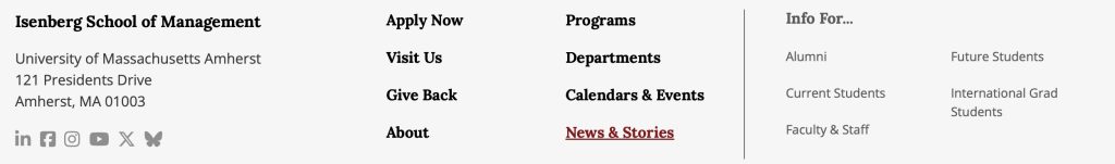 Screenshot from an Isenberg School of Management page, the "News & Stories" link to their newsroom page is highlighted.