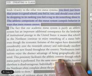 Example screenshot from Apple Photos OCRing text from a book: click the text-mode button in the lower right corner, then highlight the part you want to copy for a Zotero note. Page from: Stevens, M. L. (2009). Creating a Class: College Admissions and the Education of Elites. Harvard University Press.
