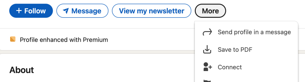 Screenshot of LinkedIn, showing that the Connect button for a user was moved under the More menu on their profile.