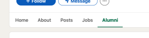 Image of LinkedIn, highlighting the Alumni tab on a college profile page.